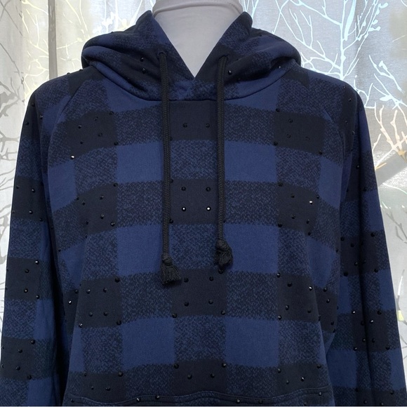 DRIES VAN NOTEN blue black checker print crystal rhinestone hoodie sweatshirt - Picture 4 of 9